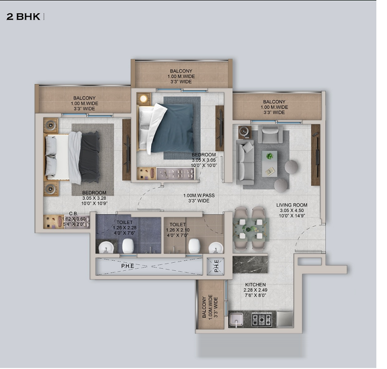 Puravankara Palm Vista Kalyan Shilphata 2.5BHK Plan