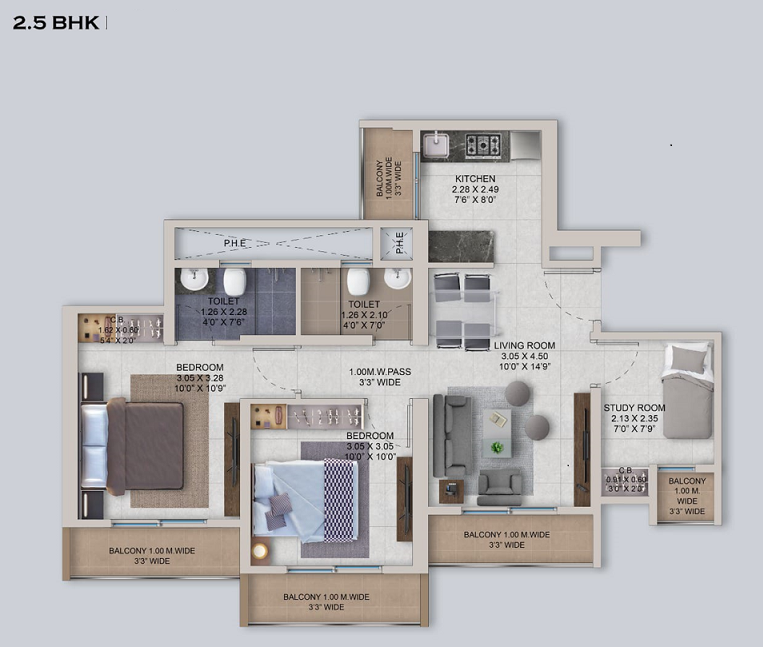 Puravankara Palmvista Shilphata 3BHK Plan